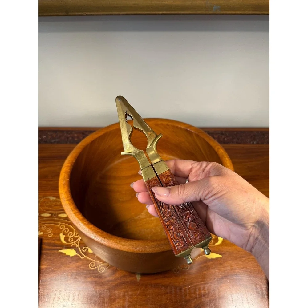 Vintage Brass & Carved Wood Nutcracker • Mid Century Kitchen Decor